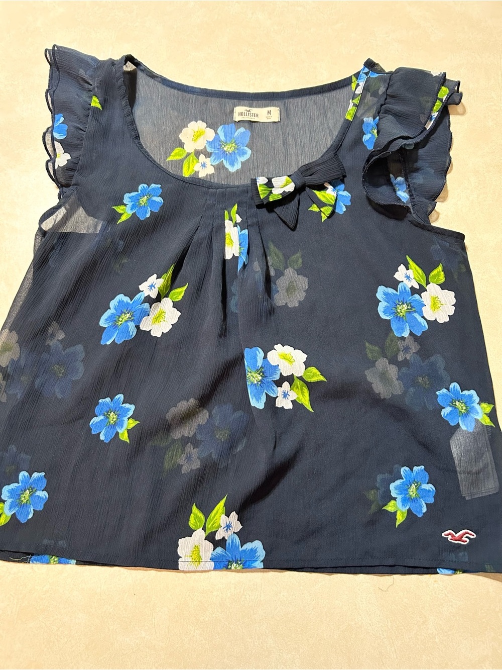 Hollister Navy Floral Scoop Neck Tank with Ruffle Detail size M